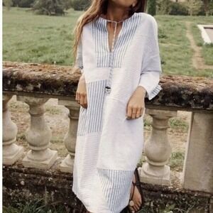Zara Linen Blend Striped Patchwork Kaftan Dress Womens S Neutral Boho  4786/123